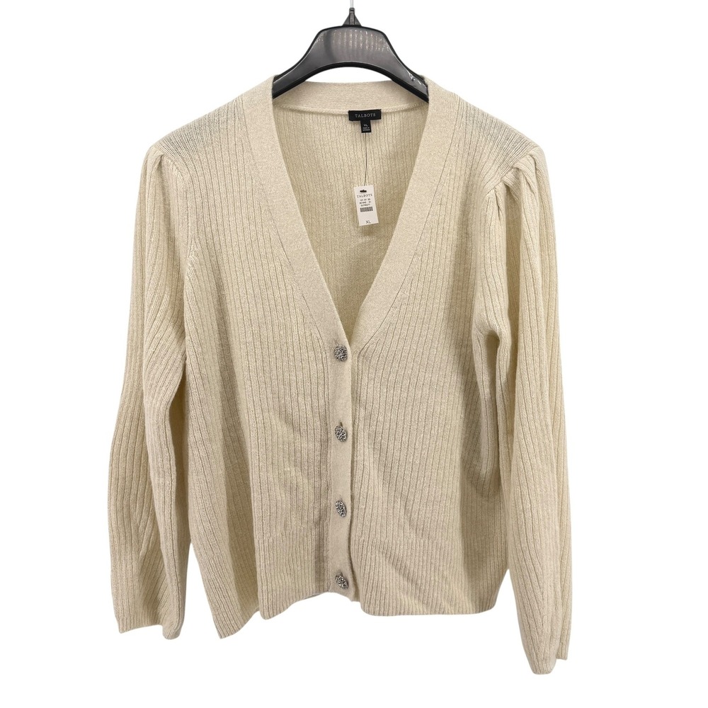 NEW Talbots Cardigan Womens XL Sweater Cream Ribbed Metallic Rhinestone Buttons